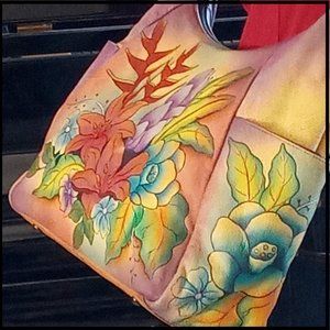 (EUC)Anuschka, Genuine Leather, Hand-Made & Painted, Tropical Bouquet, Crossbody